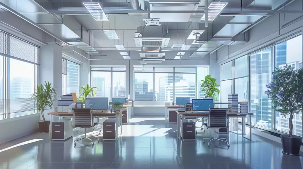 Modern office interior with comfort cooling air conditioning, employees working comfortably at desks, visible ceiling AC vents