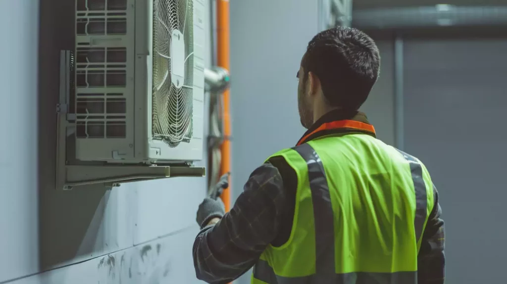 Engineer conducting tm44 inspection in commercial building